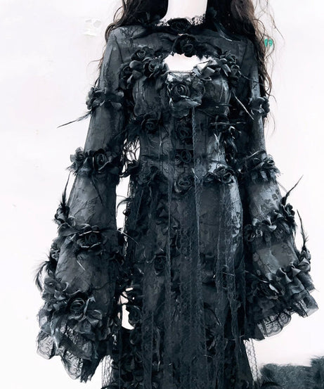 Bewitching Black Gothic Rose Maxi Dress - Dramatic Bell Sleeves, Perfect for Halloween & Fall Soirees