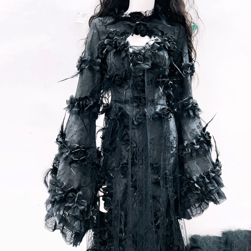 Bewitching Black Gothic Rose Maxi Dress - Dramatic Bell Sleeves, Perfect for Halloween & Fall Soirees