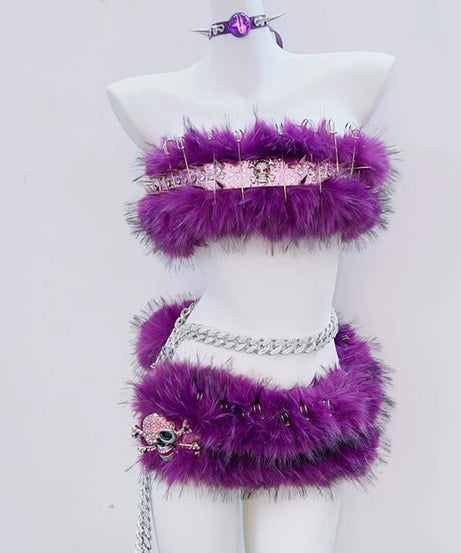 Spooky Chic Purple Fluffy Skull Rave Set | Edgy Halloween Costume & Festival Two-Piece
