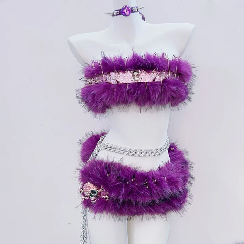 Spooky Chic Purple Fluffy Skull Rave Set | Edgy Halloween Costume & Festival Two-Piece
