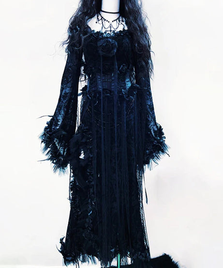 Midnight Enchantress Black Rose Gothic Maxi Dress | Dramatic Bell Sleeve Lace Gown for Halloween & Fall Galas