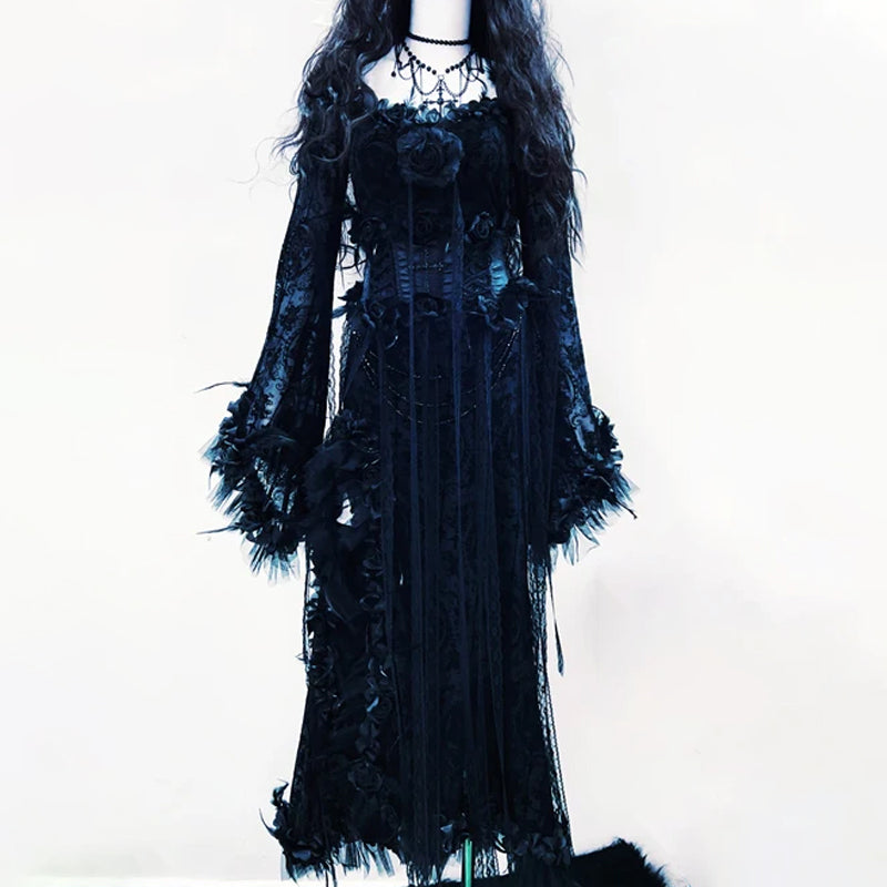 Midnight Enchantress Black Rose Gothic Maxi Dress | Dramatic Bell Sleeve Lace Gown for Halloween & Fall Galas