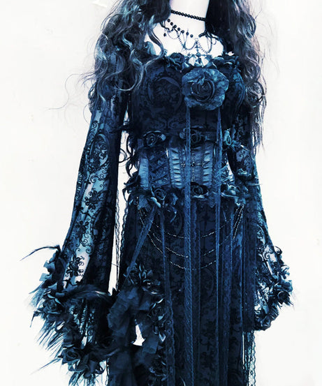 Midnight Enchantress Black Rose Gothic Maxi Dress | Dramatic Bell Sleeve Lace Gown for Halloween & Fall Galas