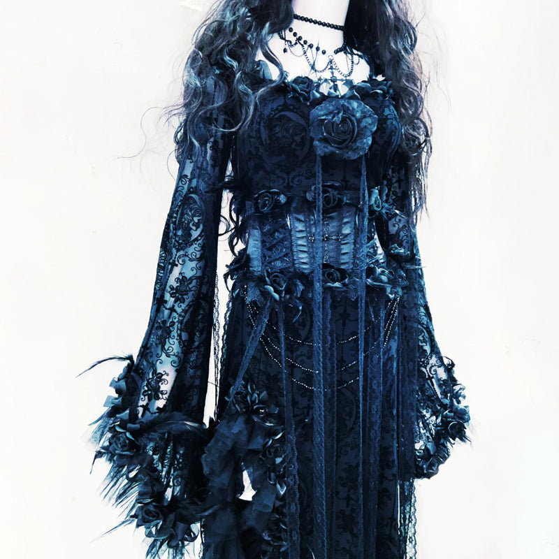 Midnight Enchantress Black Rose Gothic Maxi Dress | Dramatic Bell Sleeve Lace Gown for Halloween & Fall Galas