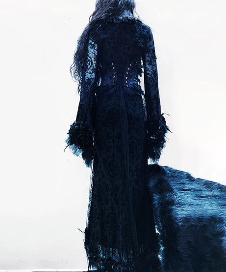 Midnight Enchantress Black Rose Gothic Maxi Dress | Dramatic Bell Sleeve Lace Gown for Halloween & Fall Galas