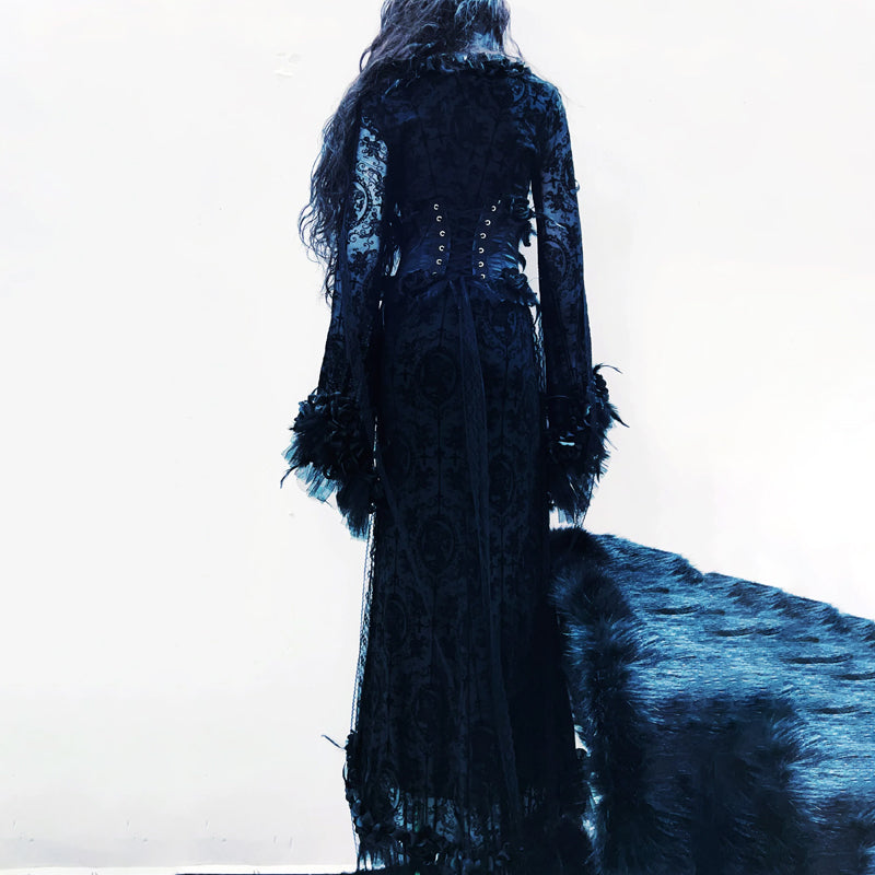 Midnight Enchantress Black Rose Gothic Maxi Dress | Dramatic Bell Sleeve Lace Gown for Halloween & Fall Galas