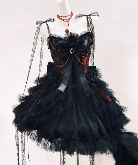 Gothic Romance Ruffled Mini Dress | Black & Red Corset Style for Halloween & Fall Parties