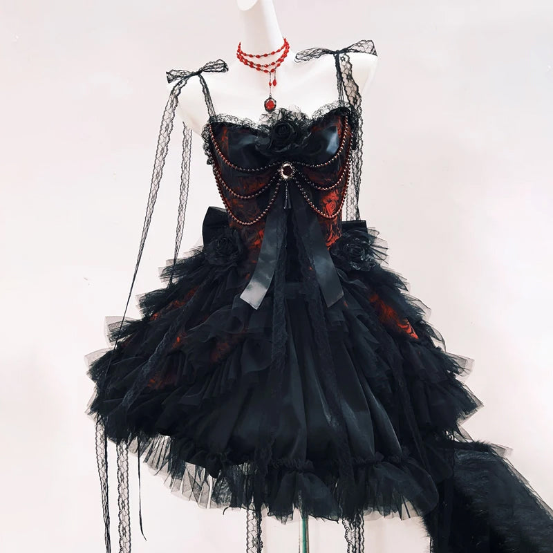 Gothic Romance Ruffled Mini Dress | Black & Red Corset Style for Halloween & Fall Parties