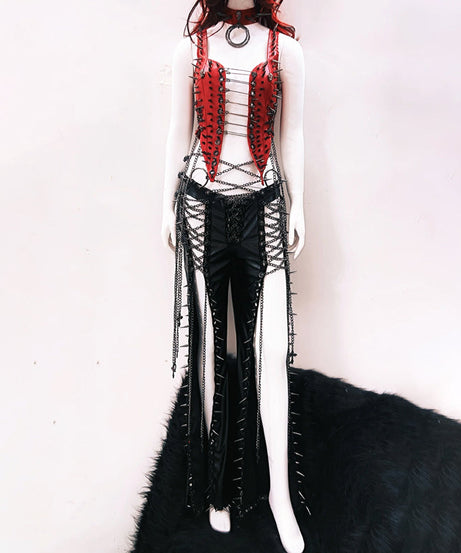 Rebel Red Spiked & Chained Goth Vest - Halloween, Club & Festival Ready for Women