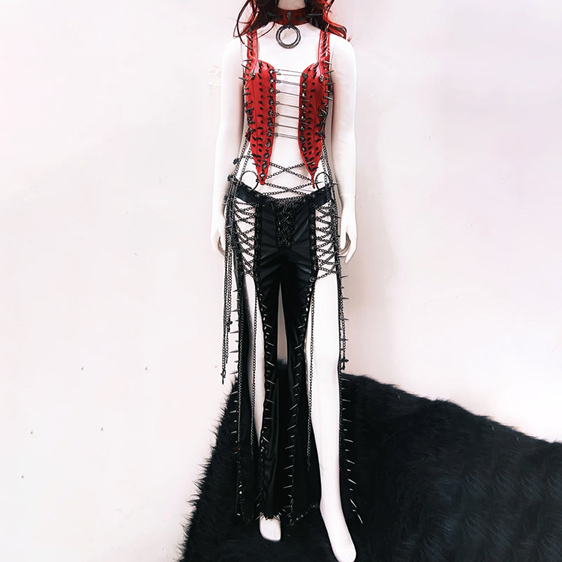 Rebel Red Spiked & Chained Goth Vest - Halloween, Club & Festival Ready for Women