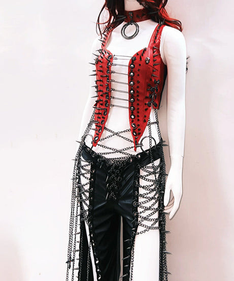Rebel Red Spiked & Chained Goth Vest - Halloween, Club & Festival Ready for Women