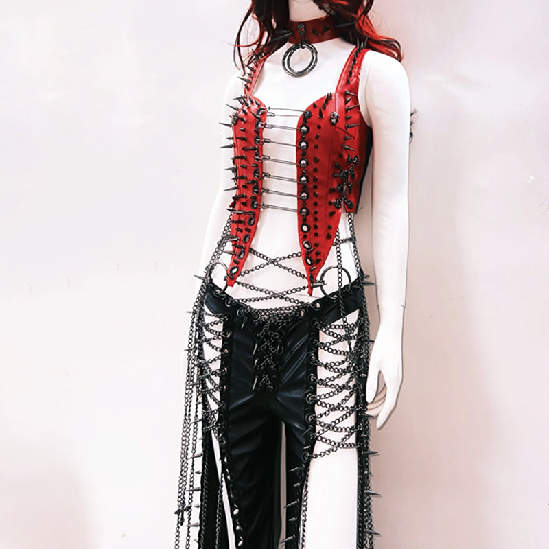 Rebel Red Spiked & Chained Goth Vest - Halloween, Club & Festival Ready for Women