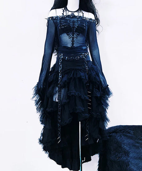 Gothic Skeleton Mesh Off-Shoulder Top | Halloween Party & Fall Edgy Fashion