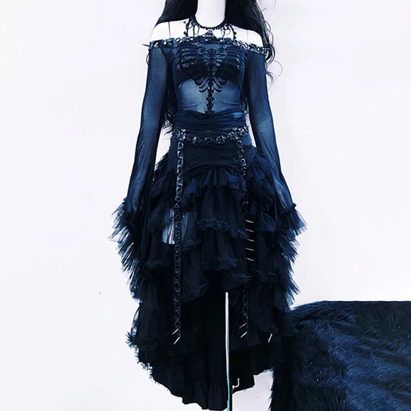 Gothic Skeleton Mesh Off-Shoulder Top | Halloween Party & Fall Edgy Fashion