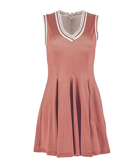 Sporty Chic Terracotta V-Neck Mini Dress | Pleated Skater Style with Contrast Stripes for Fall