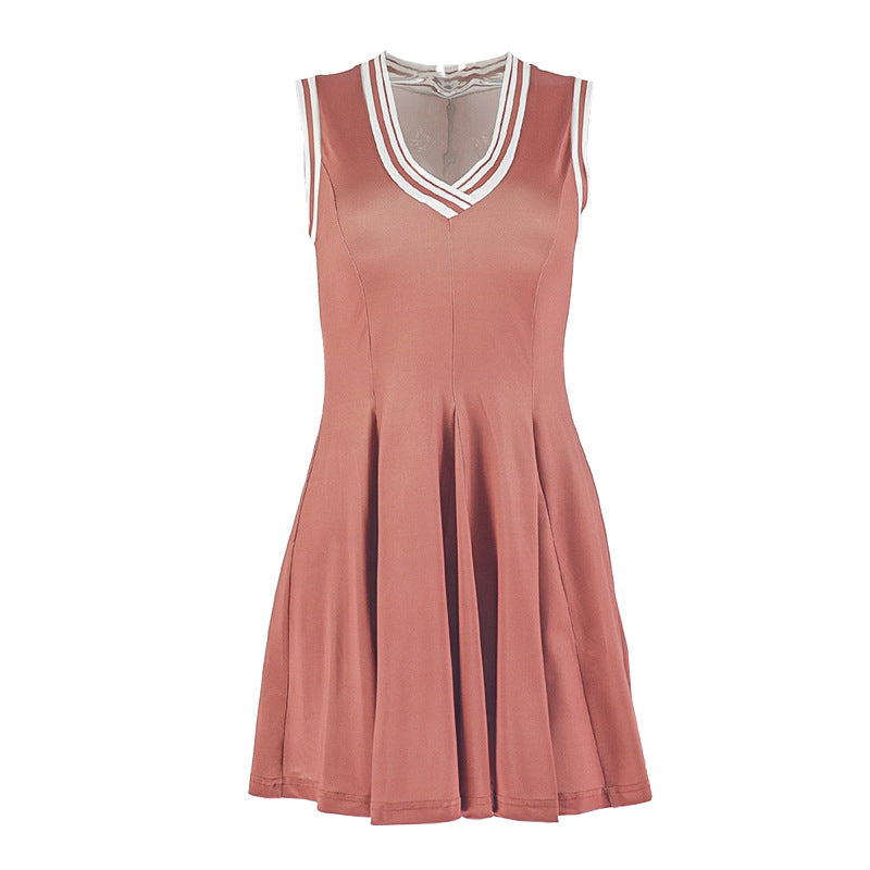 Sporty Chic Terracotta V-Neck Mini Dress | Pleated Skater Style with Contrast Stripes for Fall