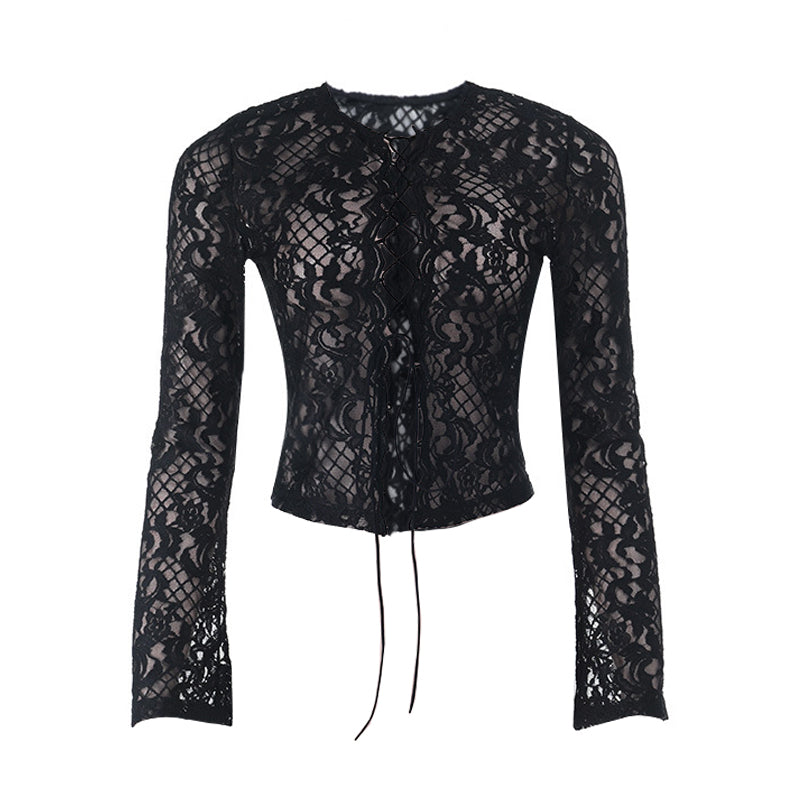 Alluring Black Lace Tie-Front Top - Edgy Chic for Fall & Halloween Nights