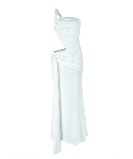 Radiant White One-Shoulder Cutout Maxi Dress - Chic Ruched Gown for Holiday Parties & Winter Getaways