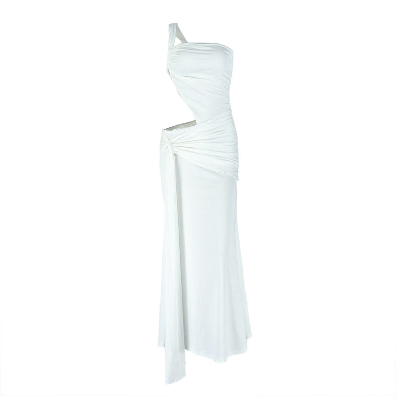 Radiant White One-Shoulder Cutout Maxi Dress - Chic Ruched Gown for Holiday Parties & Winter Getaways