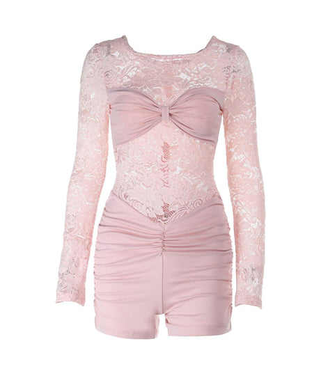 Blush Pink Lace & Ruched Romper | Long Sleeve Holiday Party & Date Night Chic