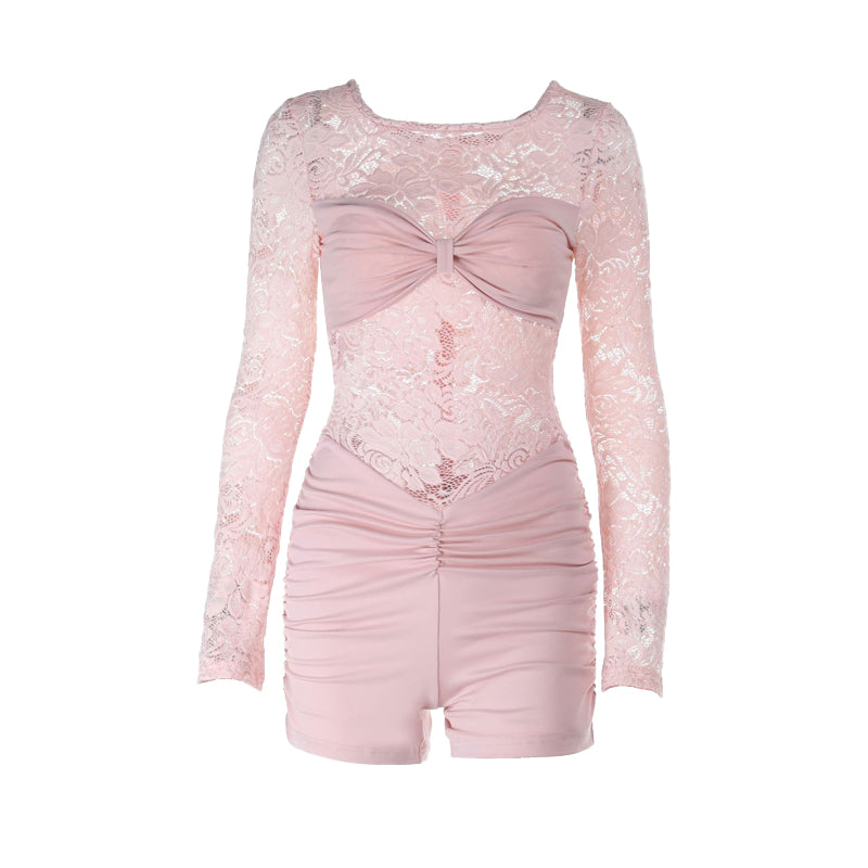 Blush Pink Lace & Ruched Romper | Long Sleeve Holiday Party & Date Night Chic