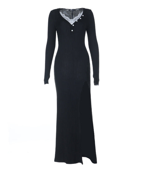 Chic Black Ribbed Maxi Dress: Lace V-Neck, High Slit & Long Sleeves for Fall & Holiday Style