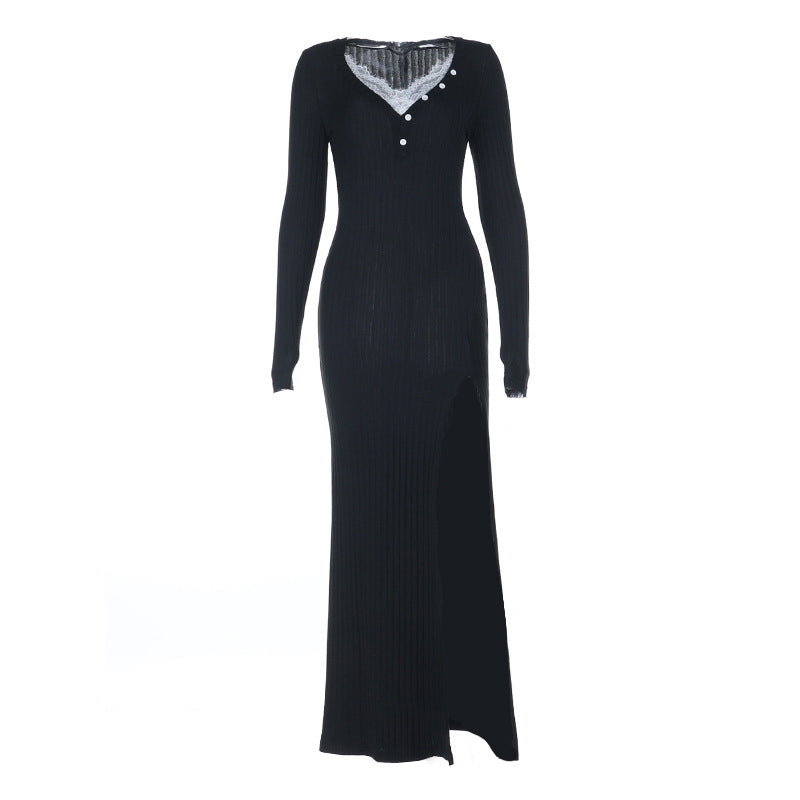 Chic Black Ribbed Maxi Dress: Lace V-Neck, High Slit & Long Sleeves for Fall & Holiday Style