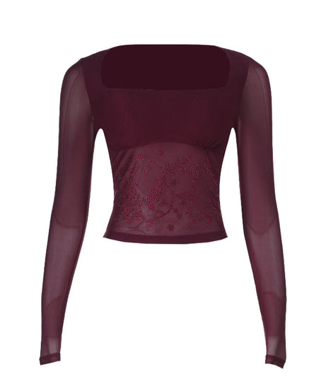Fall & Holiday Glam: Burgundy Beaded Mesh Square Neck Long Sleeve Top