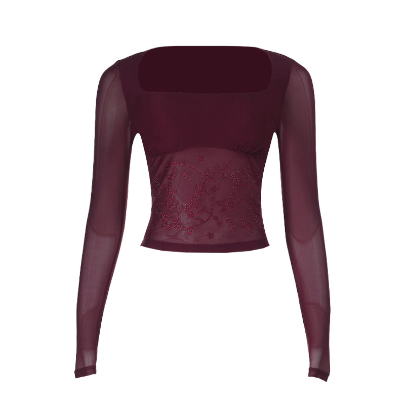Fall & Holiday Glam: Burgundy Beaded Mesh Square Neck Long Sleeve Top