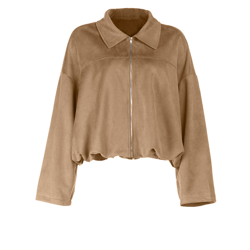 Effortless Chic Dusty Blue Velour-Feel Cropped Zip Jacket – Your Go-To Fall Layering Essential