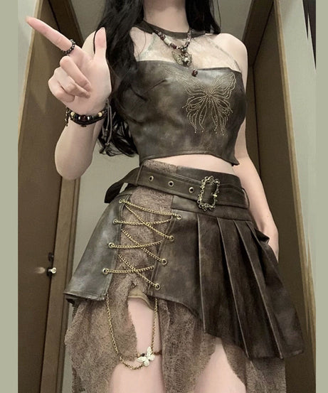 Gothic Glam Faux Leather Skirt Set | Edgy Crop Top & Pleated Mini for Fall & Halloween