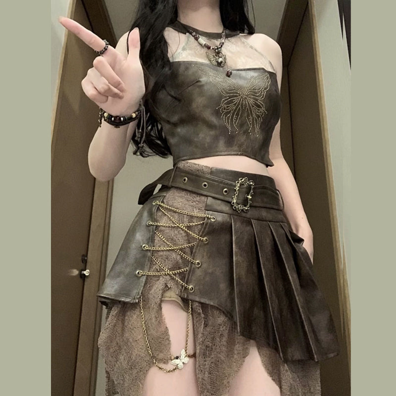 Gothic Glam Faux Leather Skirt Set | Edgy Crop Top & Pleated Mini for Fall & Halloween