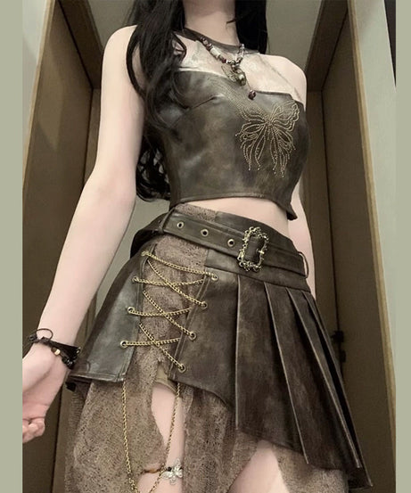Gothic Glam Faux Leather Skirt Set | Edgy Crop Top & Pleated Mini for Fall & Halloween