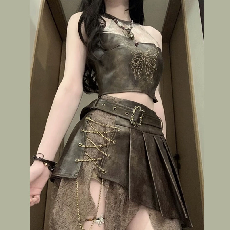 Gothic Glam Faux Leather Skirt Set | Edgy Crop Top & Pleated Mini for Fall & Halloween