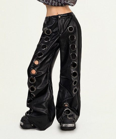 Dare to Be Bold: Women's Y2K Faux Leather Grommet Wide Leg Pants - Edgy Fall & Halloween Style