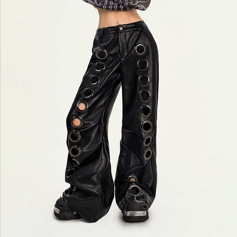 Dare to Be Bold: Women's Y2K Faux Leather Grommet Wide Leg Pants - Edgy Fall & Halloween Style