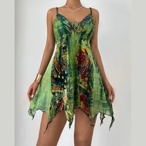 Enchanted Forest Boho Cami Mini Dress - Handkerchief Hem & Paisley Print for Fall Vacations & Resort Style