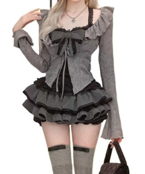 Chic Fall Ruffle & Bow Mini Skirt 3-Piece Set - Coquette & Dark Academia Style