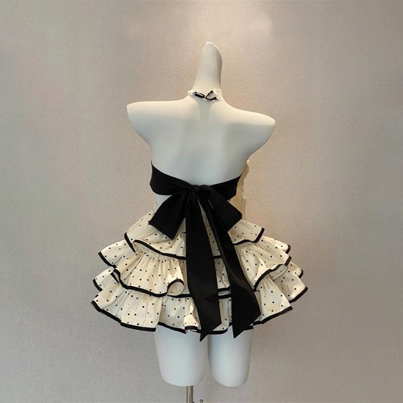 Retro Chic Polka Dot Sailor Mini Dress - Flirty Ruffle Halter for Parties & Halloween Fun