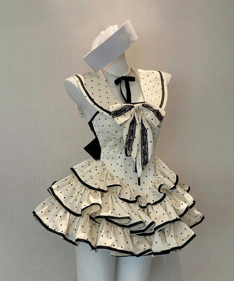 Retro Chic Polka Dot Sailor Mini Dress - Flirty Ruffle Halter for Parties & Halloween Fun