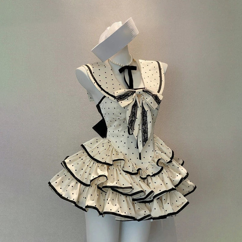 Retro Chic Polka Dot Sailor Mini Dress - Flirty Ruffle Halter for Parties & Halloween Fun