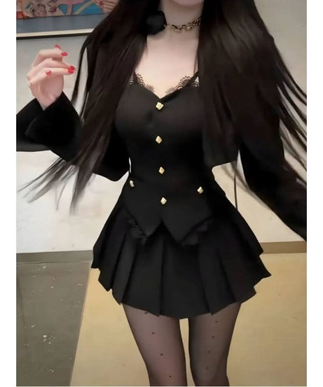 Chic Fall & Holiday Nights: Black 3-Piece Set with Gold Button Blazer, Lace-Detail Top & Pleated Mini Skirt