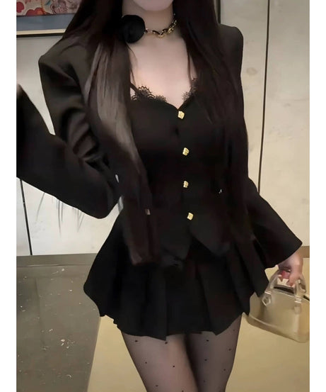 Chic Fall & Holiday Nights: Black 3-Piece Set with Gold Button Blazer, Lace-Detail Top & Pleated Mini Skirt