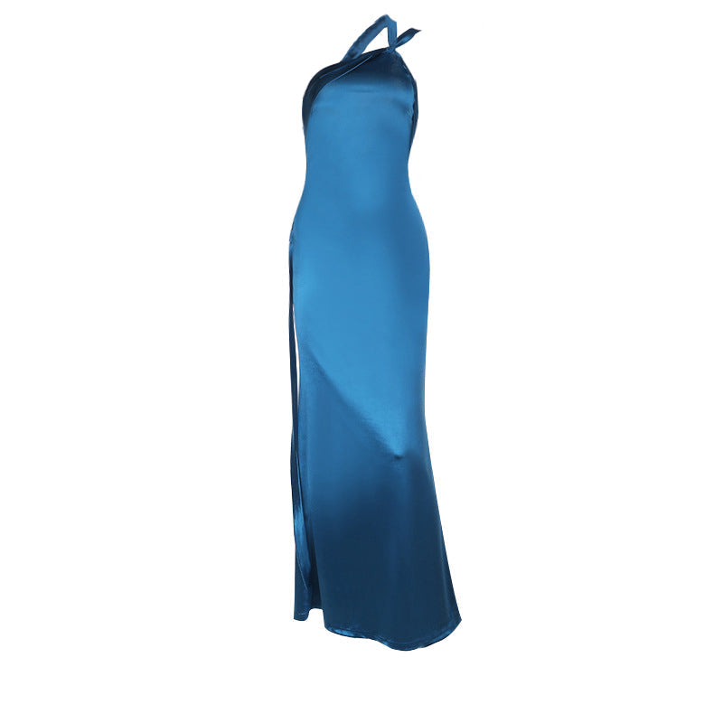 Glamorous Teal Satin One-Shoulder Maxi Dress | High Slit & Backless for Holiday & New Year's Eve
