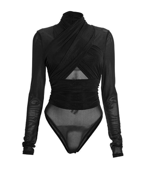 Chic Olive Green Mesh Wrap Bodysuit: High Neck, Cutout Long Sleeve – Your Fall & Holiday Statement Piece