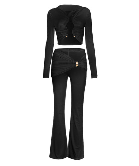 Chic White Ruched Cut-Out Long Sleeve Crop Top & Flare Pant Set | Holiday Party & Resort Ready