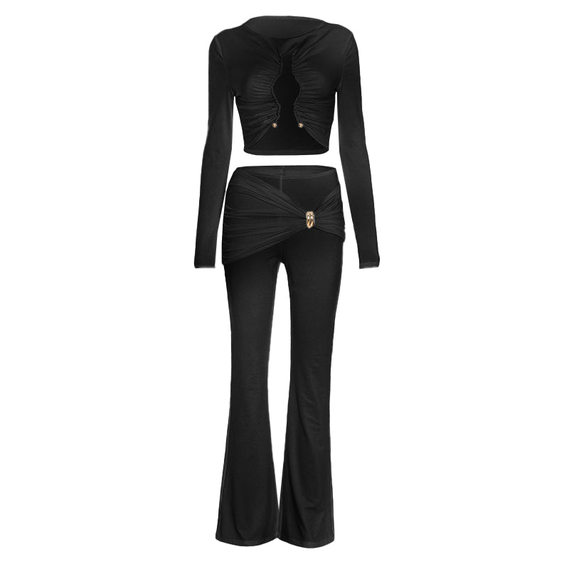 Chic White Ruched Cut-Out Long Sleeve Crop Top & Flare Pant Set | Holiday Party & Resort Ready