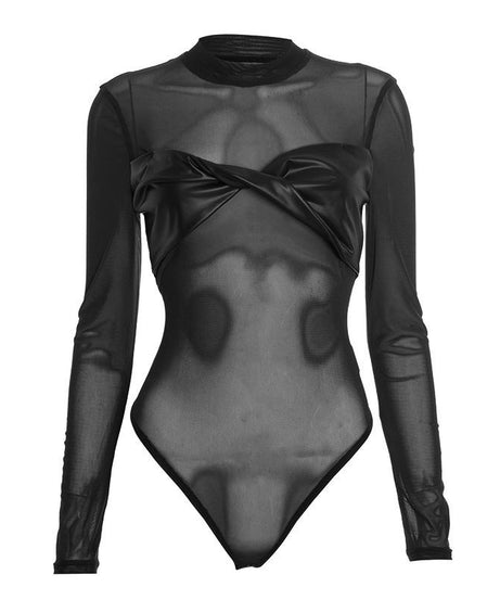 Crewneck long sleeve mesh PU leather bodysuit