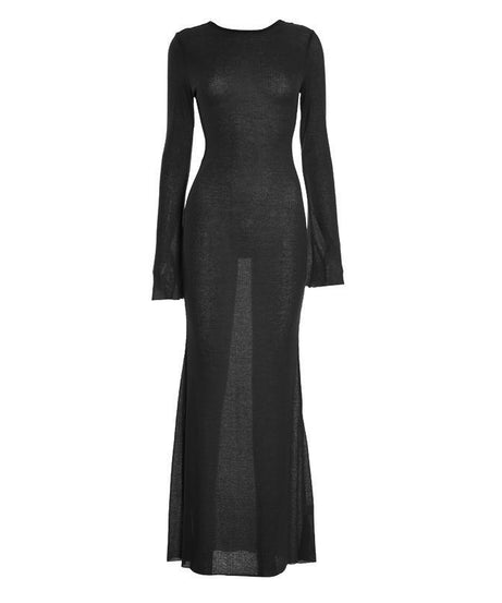 Autumn Blaze Sheer Knit Maxi Dress - Long Sleeve Bodycon with Elegant Back Detail