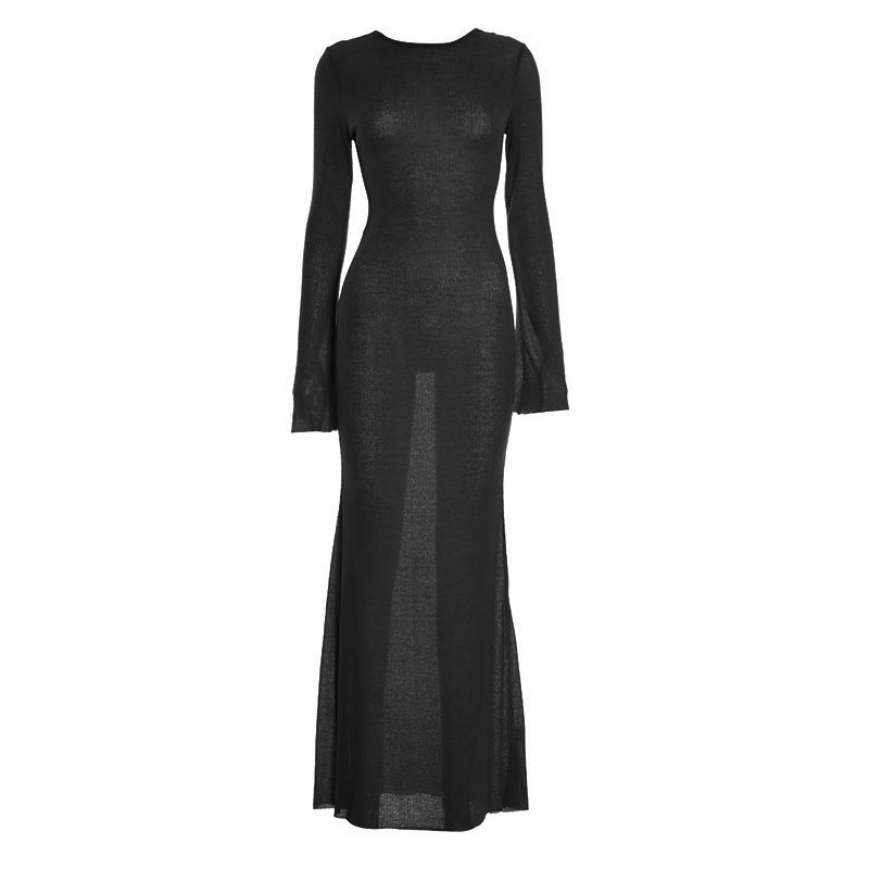 Autumn Blaze Sheer Knit Maxi Dress - Long Sleeve Bodycon with Elegant Back Detail